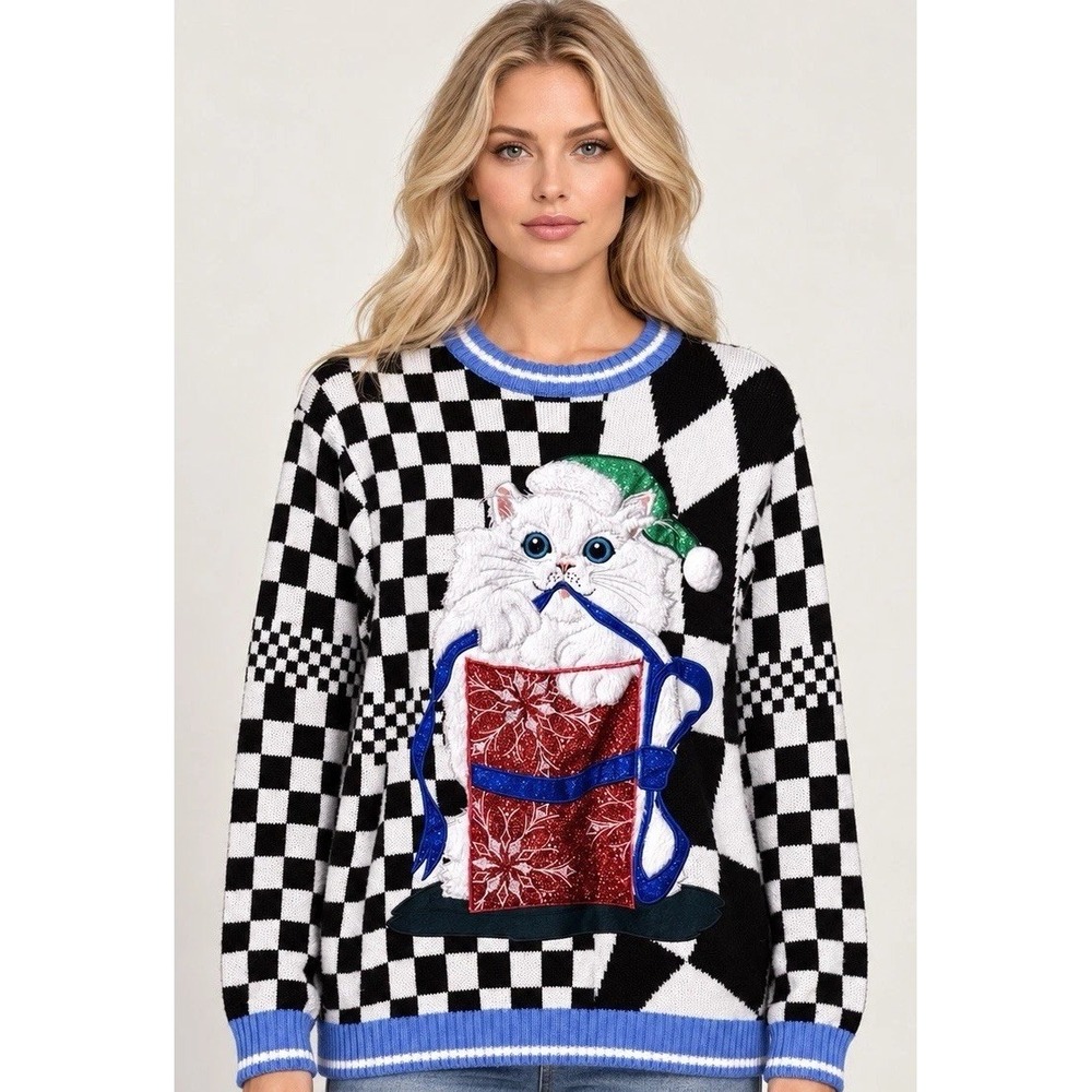 Blizzard Bay Christmas Sweater Cat Gift Bag Checkerboard Blue Women's Medium